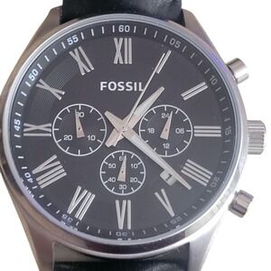 Fossil Grant Chronograph Watch Mens Black Silver Leather Band Roman Num FS4812